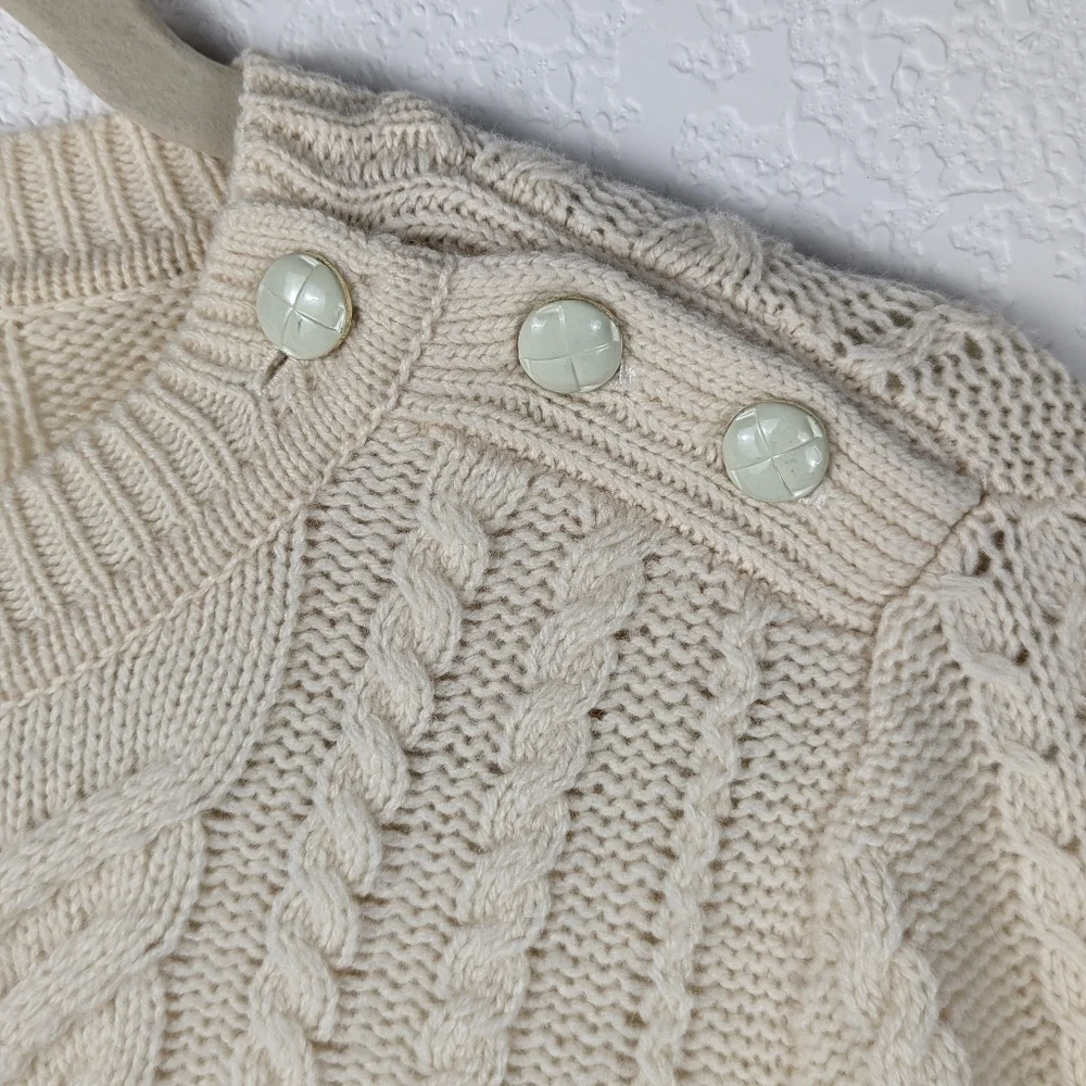 J.Crew 100% Wool Cream Cable Knit Sweater XS Button Shoulder Classic